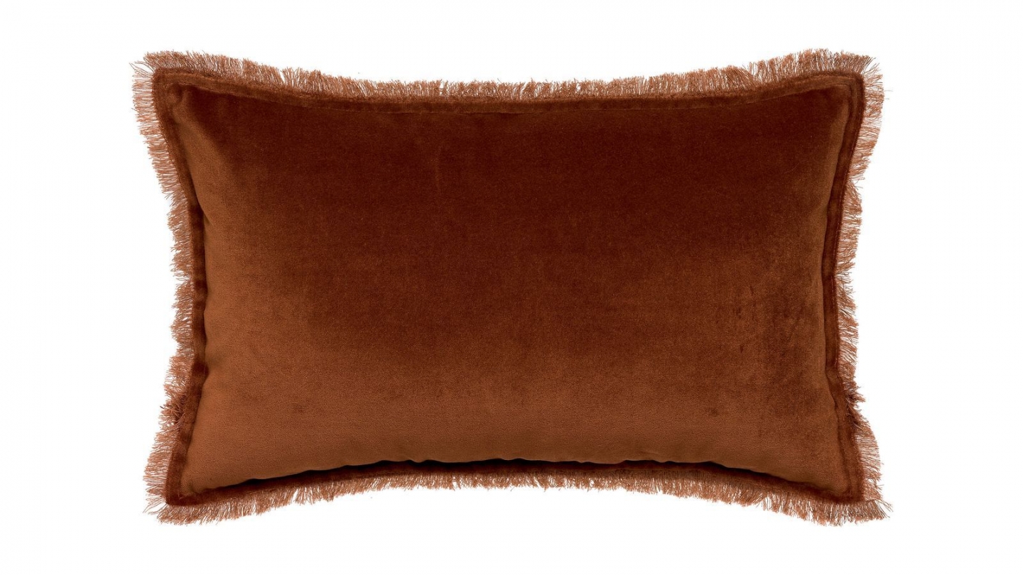 Coussin à frange en velours marron caramel 30 x 50 cm - Fara