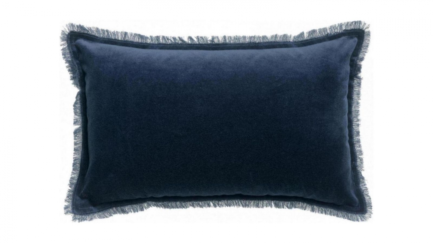 Coussin à frange en velours bleu marine 30 x 50 cm - Fara
