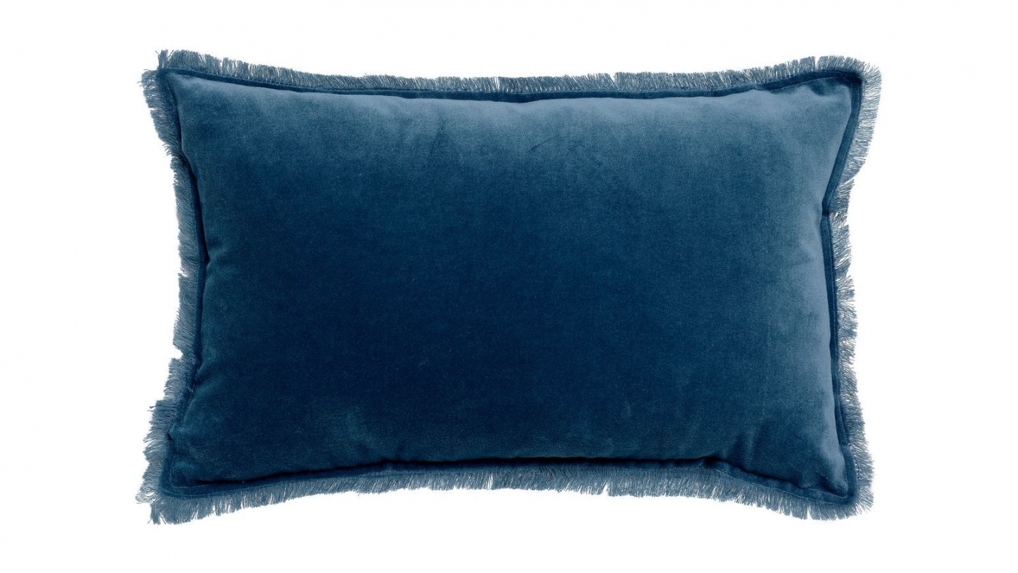 Coussin à frange en velours bleu touareg 30 x 50 cm - Fara