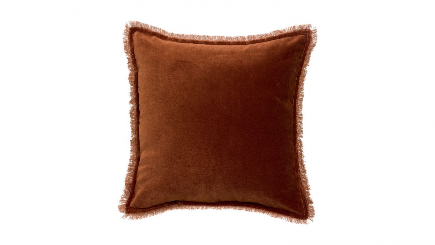 Coussin à frange en velours marron caramel 45 x 45 cm - Fara