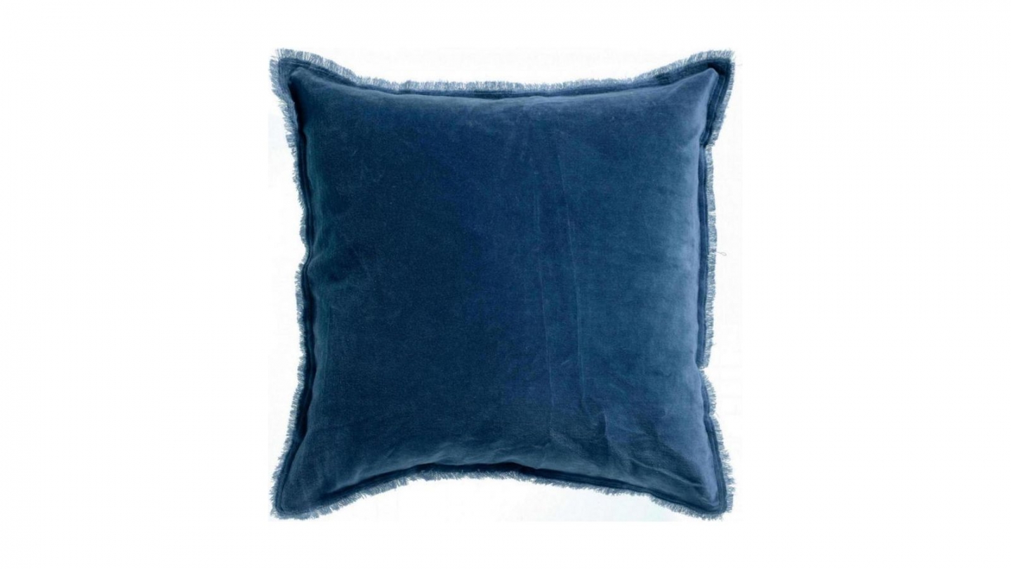 Coussin à frange en velours bleu touareg 45 x 45 cm - Fara