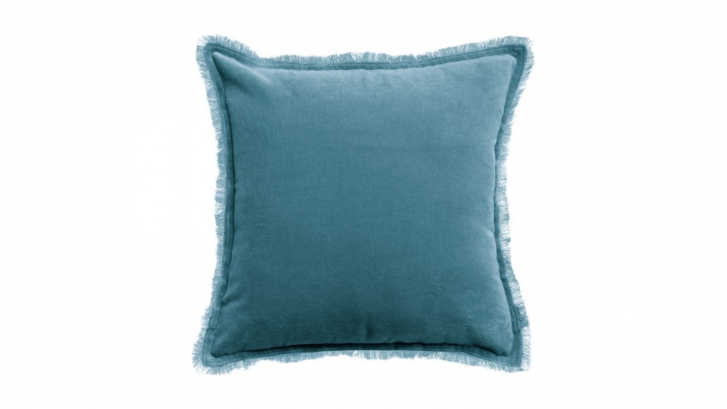 Coussin à frange en velours bleu acier 45 x 45 cm - Fara