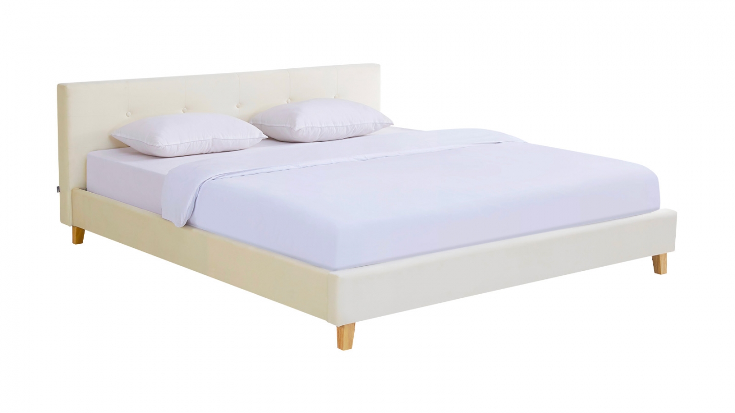 Lit adulte 180x200 cm avec tête de lit capitonnée en velours beige - Milo