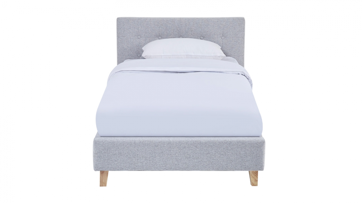 Lit adulte 90x190 cm avec tête de lit capitonnée en tissu gris chiné - Milo
