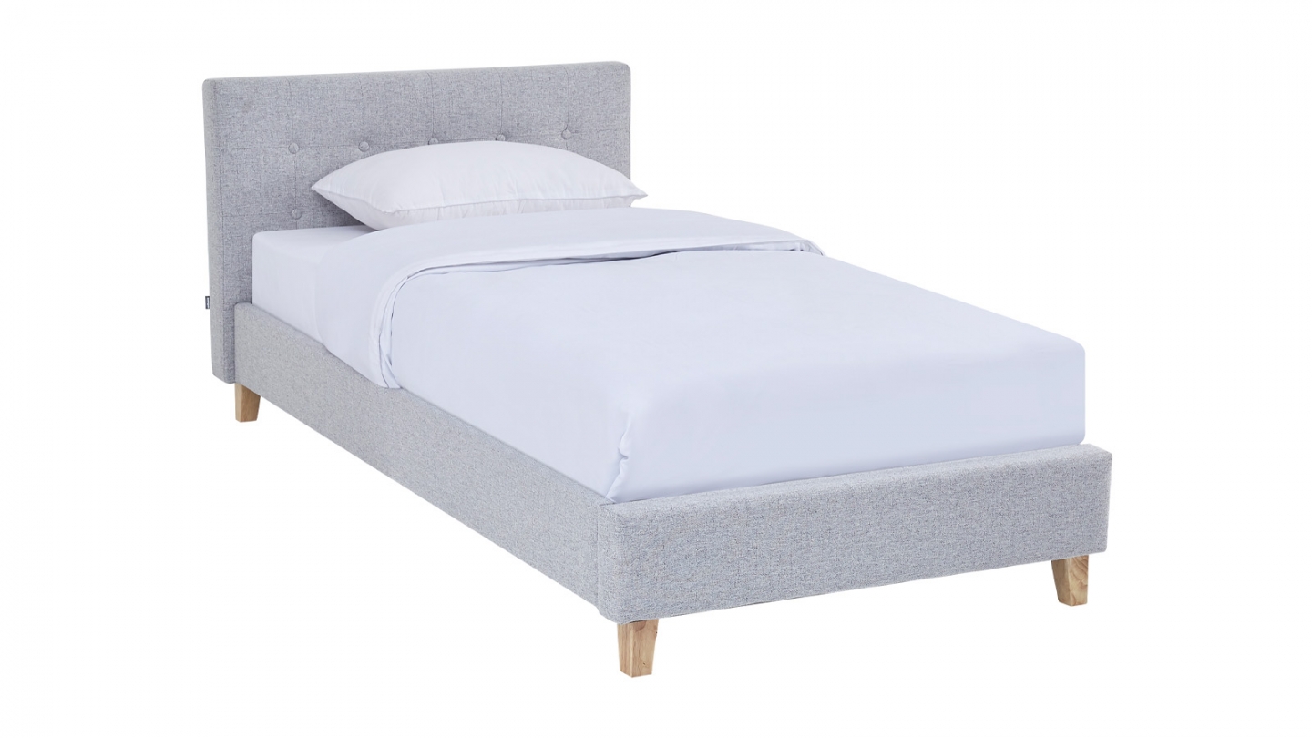 Lit adulte 90x190 cm avec tête de lit capitonnée en tissu gris chiné - Milo