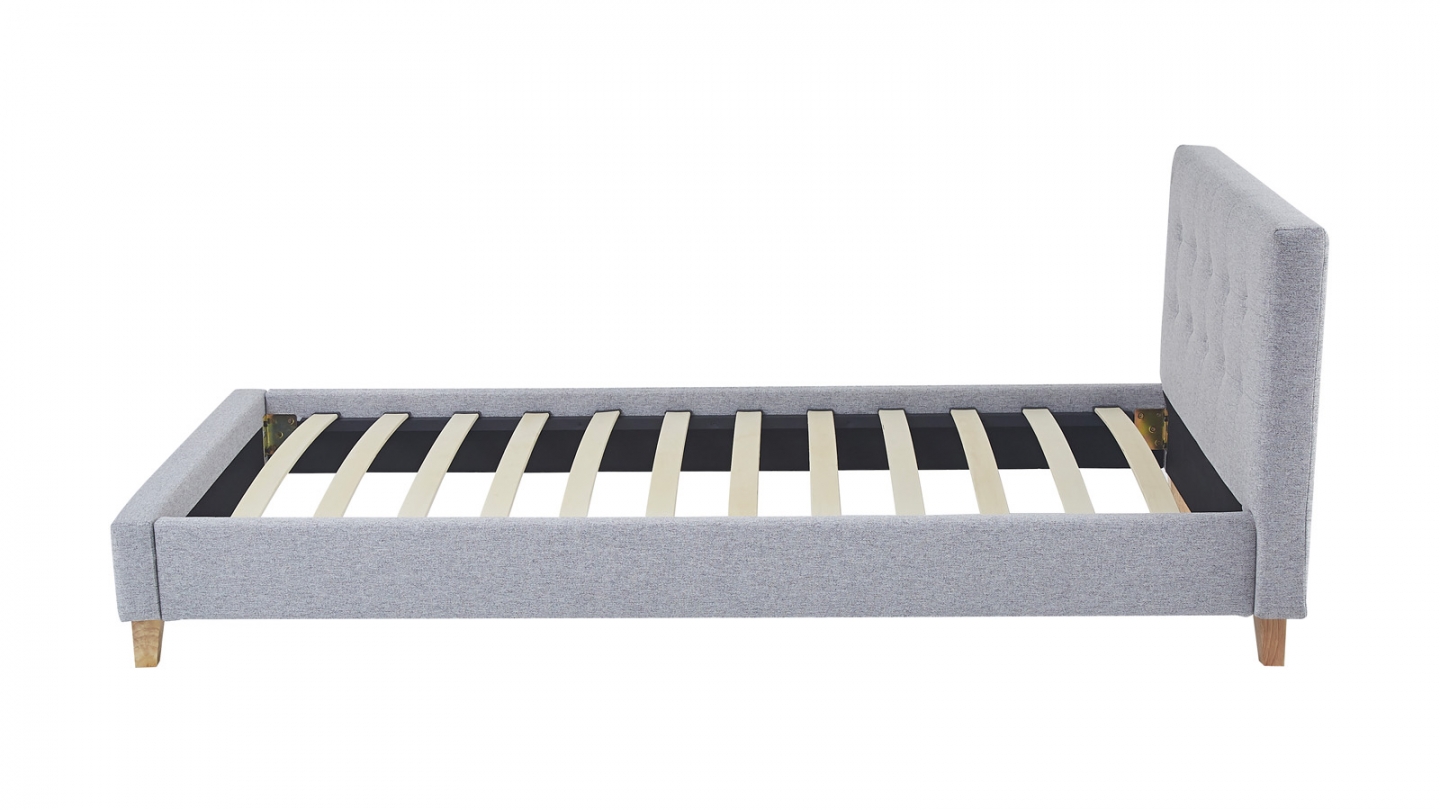 Lit adulte 90x190 cm avec tête de lit capitonnée en tissu gris chiné - Milo
