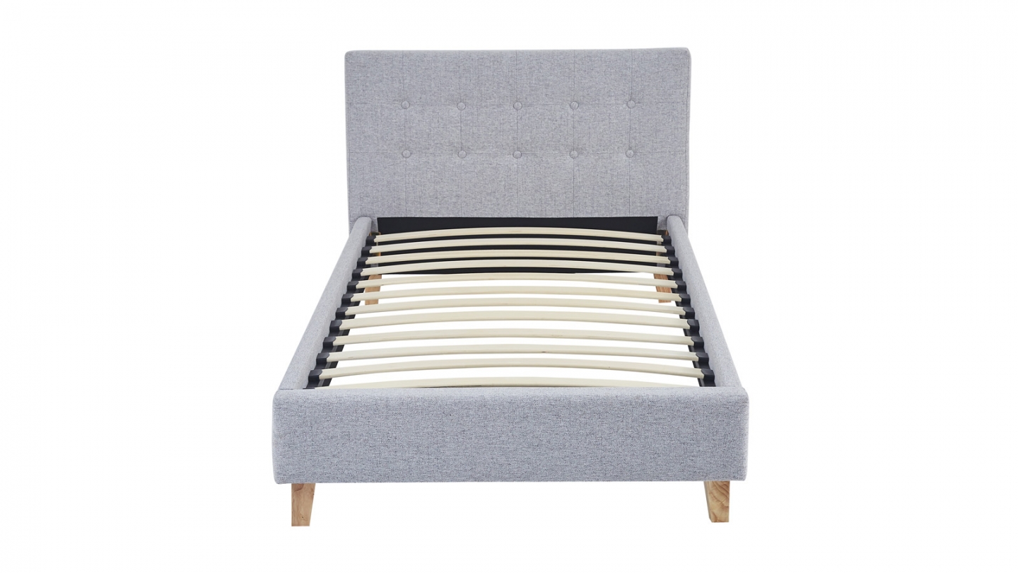 Lit adulte 90x190 cm avec tête de lit capitonnée en tissu gris chiné - Milo