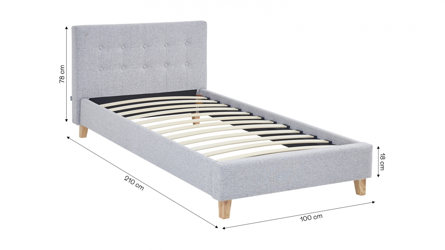 Lit adulte 90x190 cm avec tête de lit capitonnée en tissu gris chiné - Milo