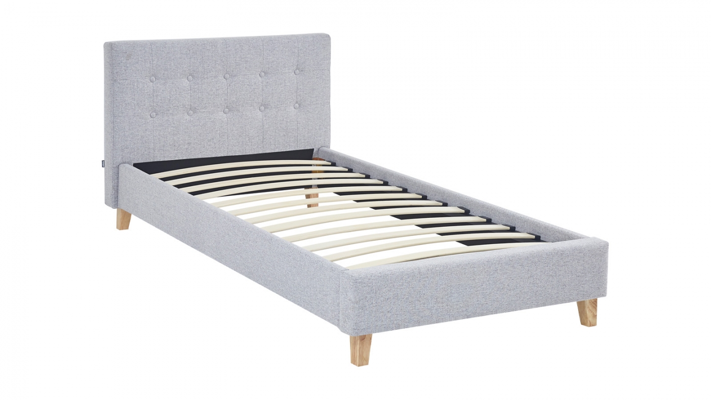 Lit adulte 90x190 cm avec tête de lit capitonnée en tissu gris chiné - Milo