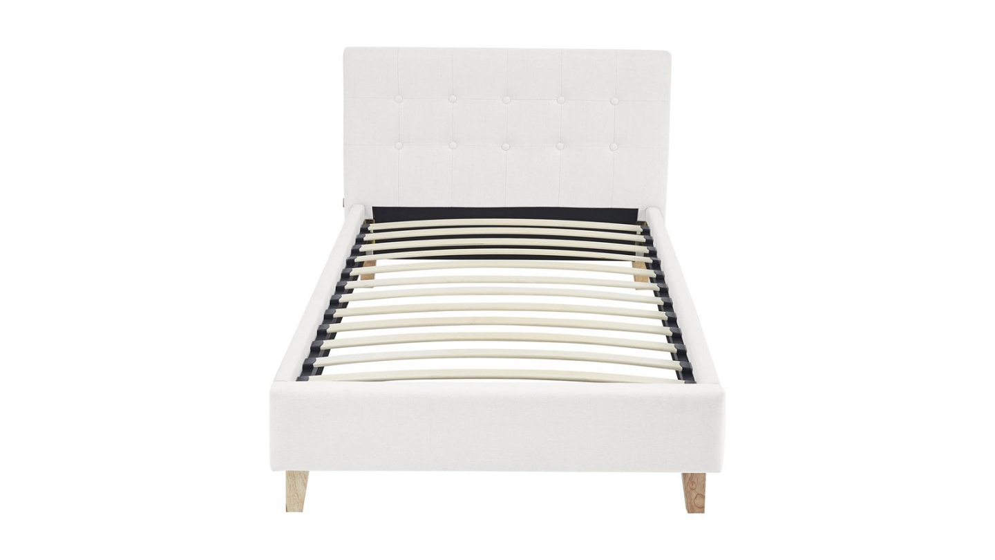 Lit adulte 90x190 cm avec tête de lit capitonnée en tissu beige - Milo