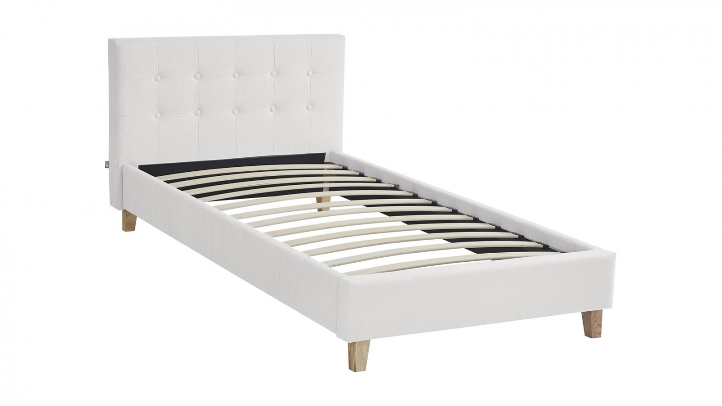 Lit adulte 90x190 cm avec tête de lit capitonnée en tissu beige - Milo