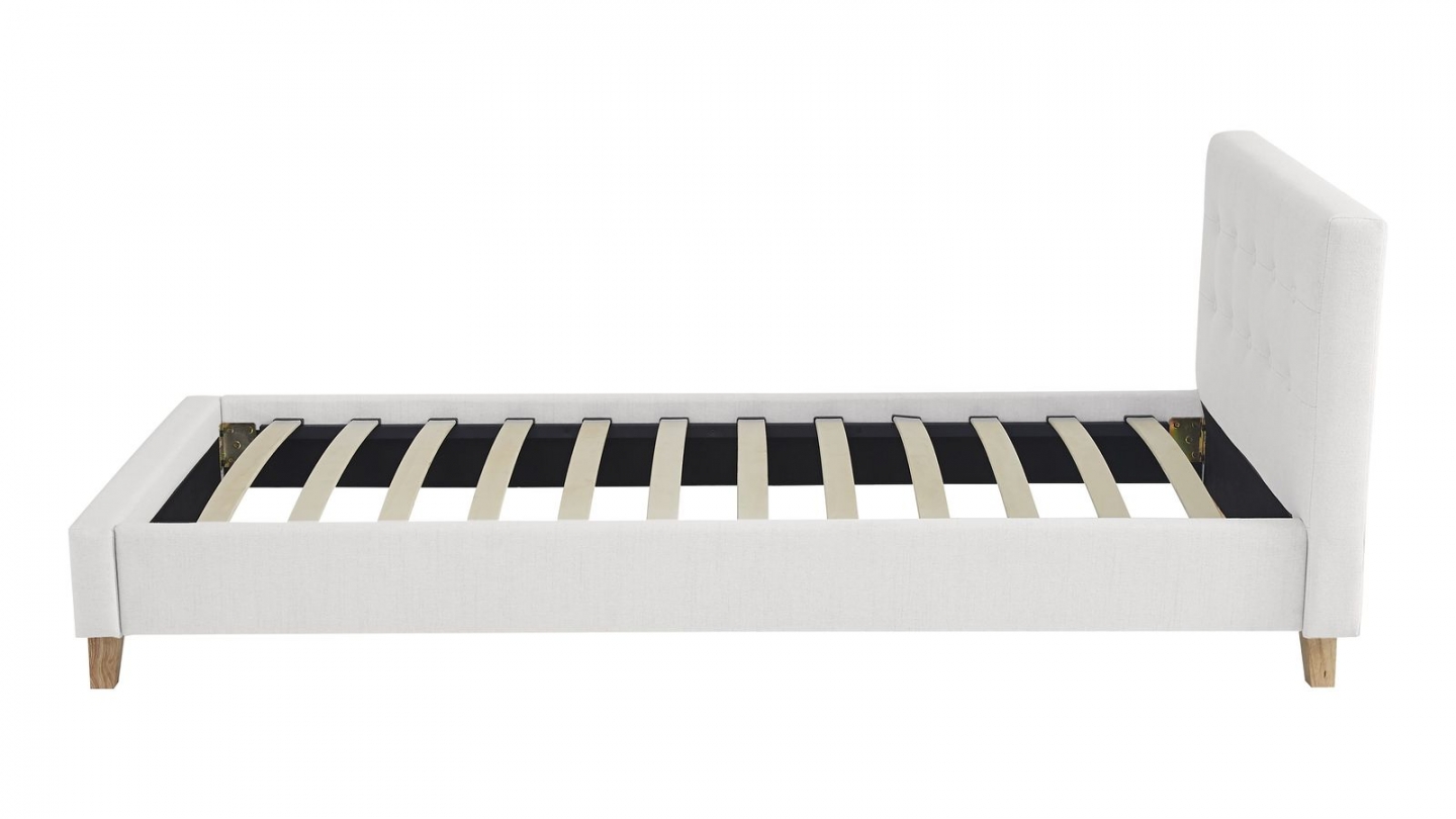 Lit adulte 90x190 cm avec tête de lit capitonnée en tissu beige - Milo
