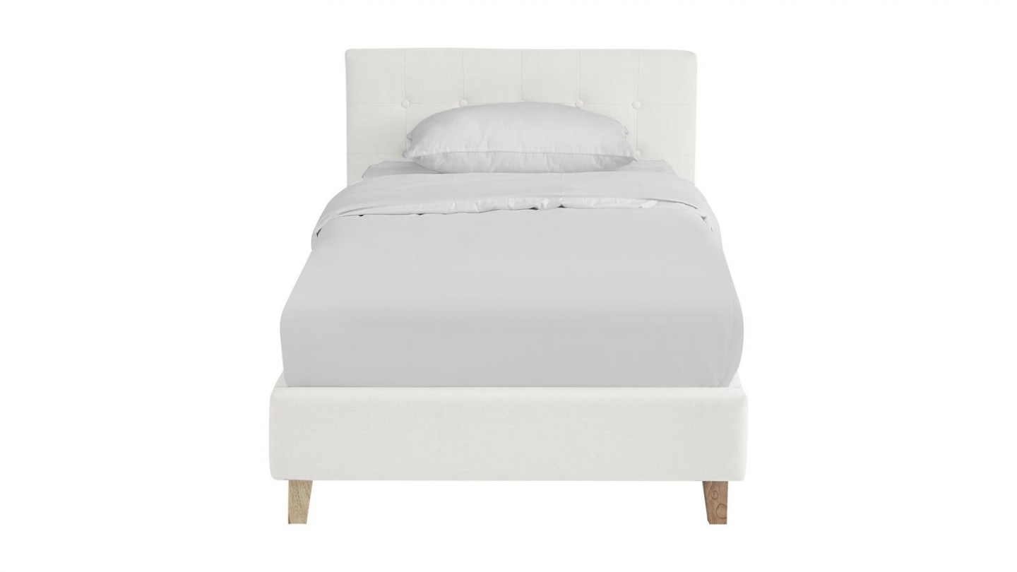 Lit adulte 90x190 cm avec tête de lit capitonnée en tissu beige - Milo