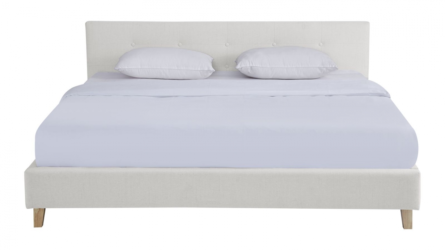 Lit adulte 180x200 cm avec tête de lit capitonnée en tissu beige - Milo