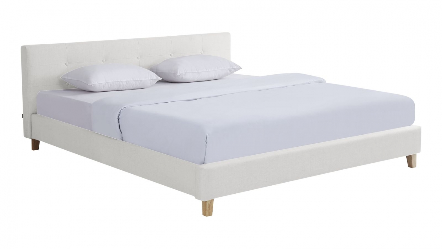 Lit adulte 180x200 cm avec tête de lit capitonnée en tissu beige - Milo