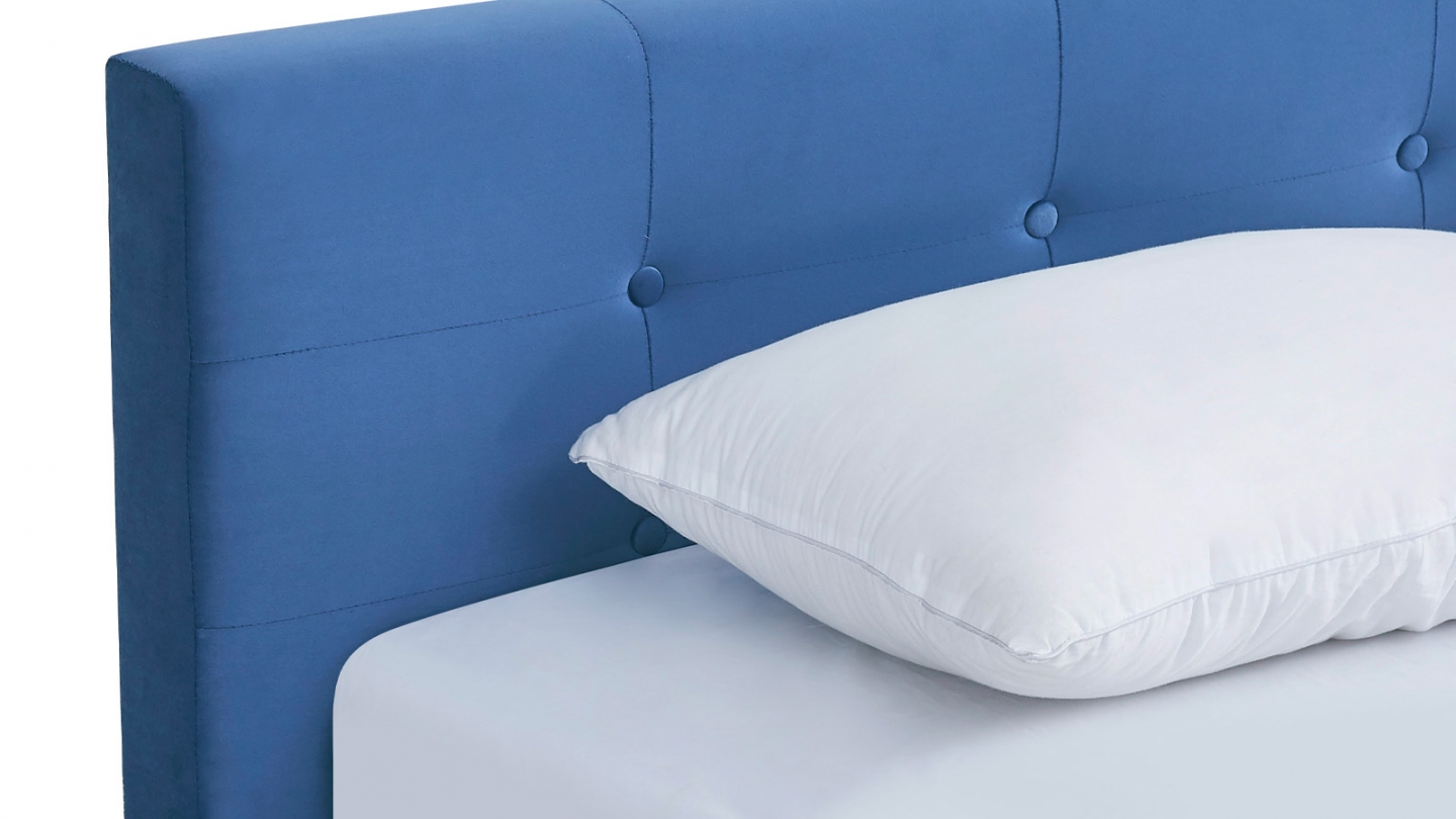 Lit adulte 90x190 cm avec tête de lit capitonnée en velours bleu - Milo
