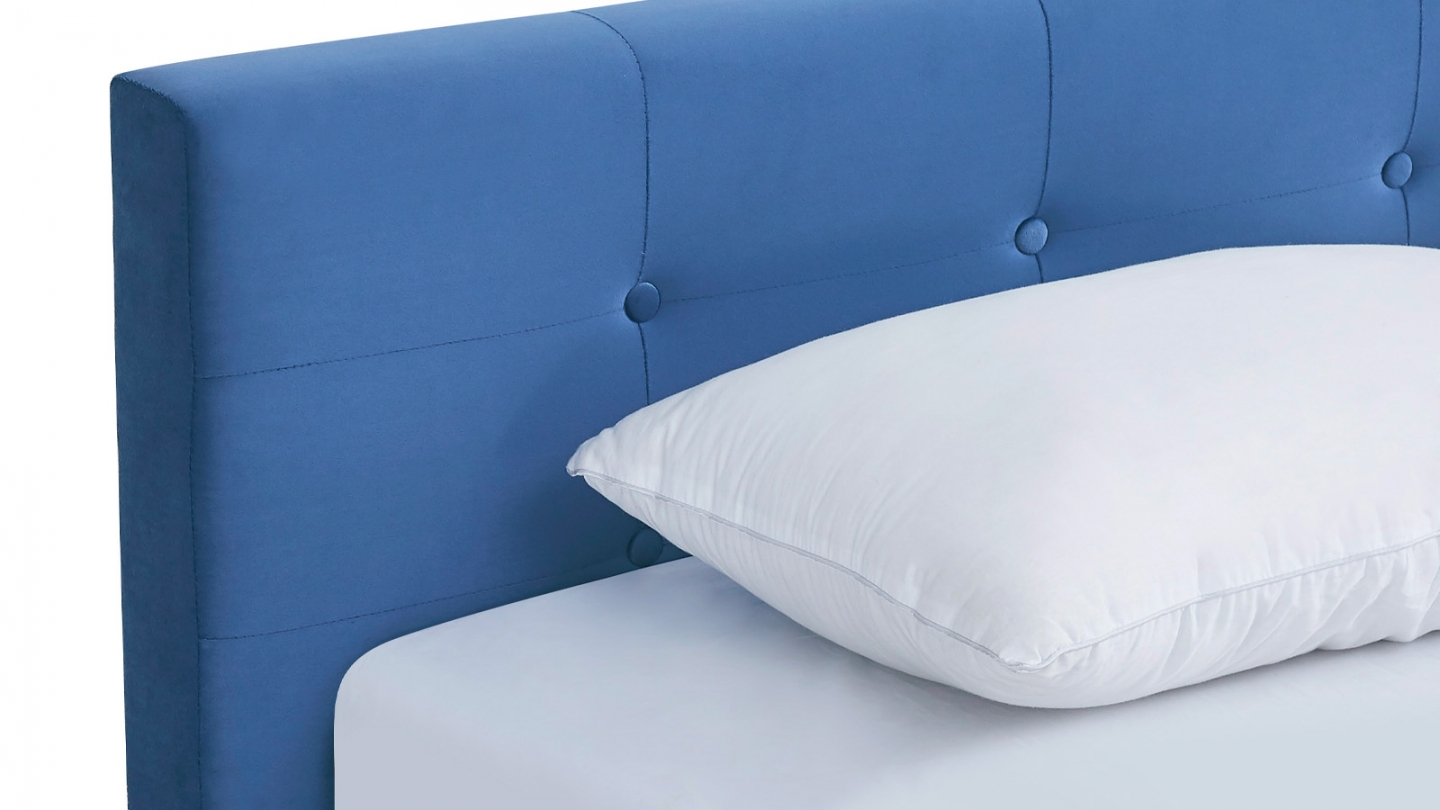 Lit adulte 140x190 cm avec tête de lit capitonnée en velours bleu - Milo
