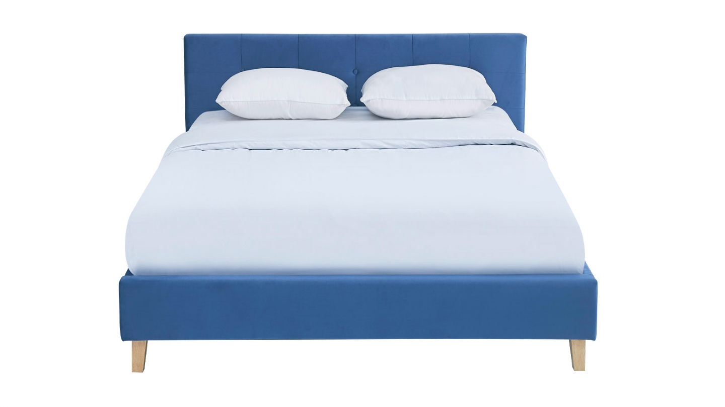 Lit adulte 160x200 cm avec tête de lit capitonnée en velours bleu - Milo