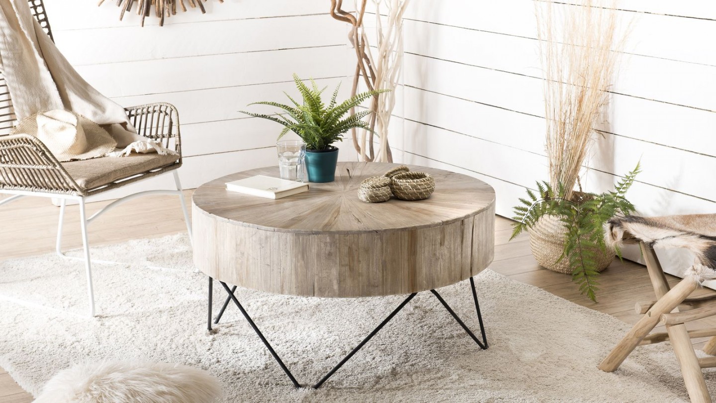 Table basse ronde en teck piètement épingles en métal noir - Collection Clara