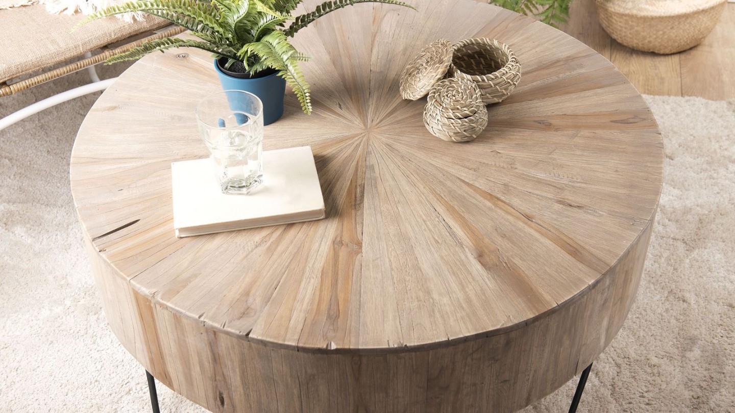 Table basse ronde en teck piètement épingles en métal noir - Collection Clara