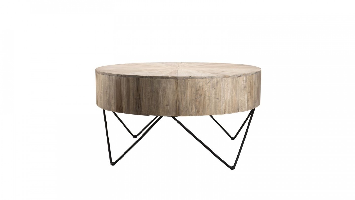 Table basse ronde en teck piètement épingles en métal noir - Collection Clara