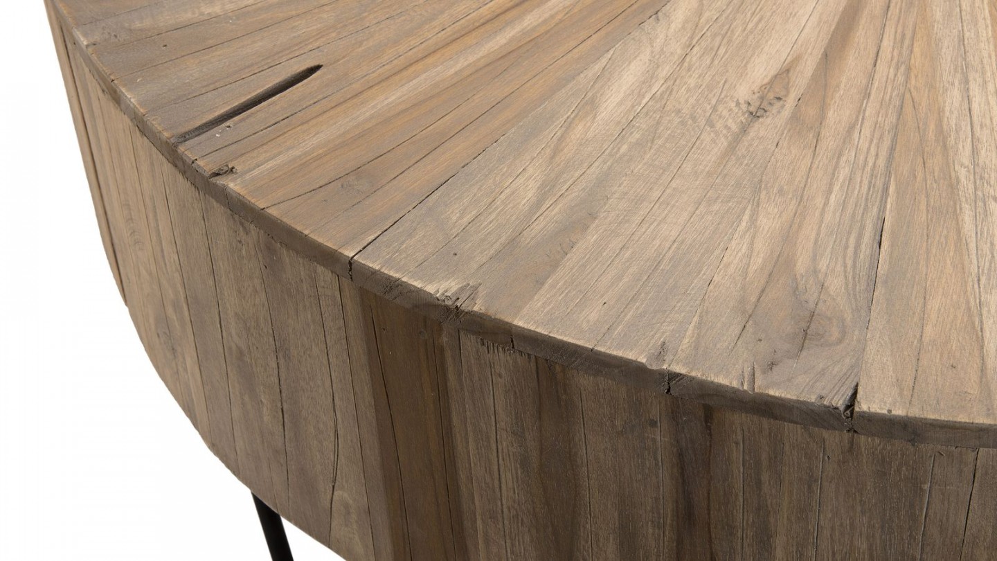 Table basse ronde en teck piètement épingles en métal noir - Collection Clara