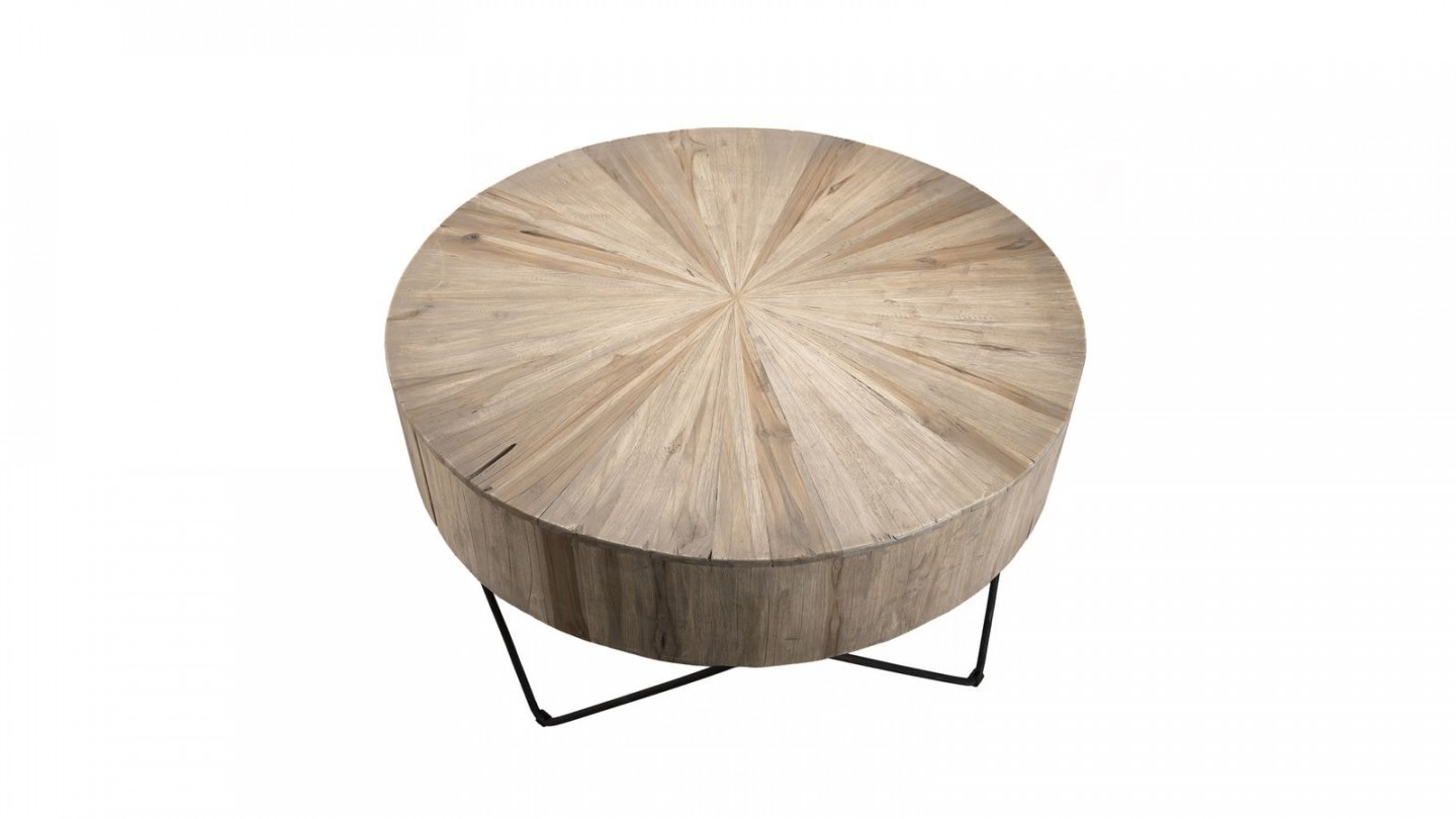 Table basse ronde en teck piètement épingles en métal noir - Collection Clara