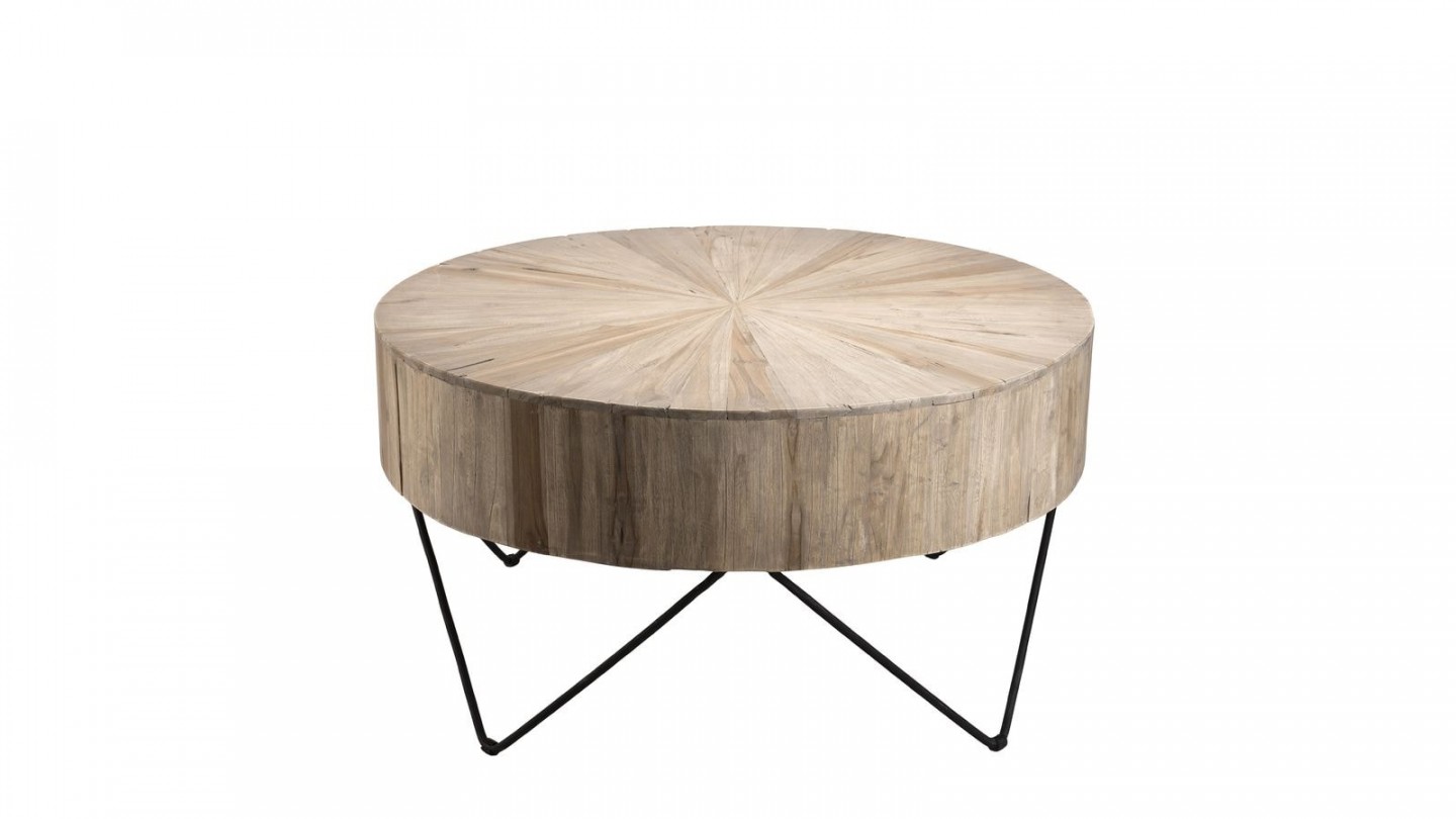 Table basse ronde en teck piètement épingles en métal noir - Collection Clara