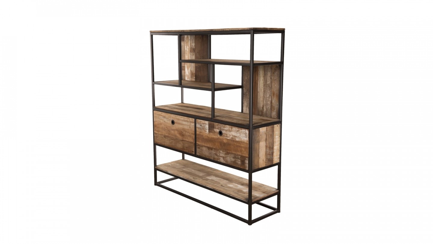 Etagère 2 tiroirs 7 niches en teck recyclé acacia et métal - Collection Sixtine