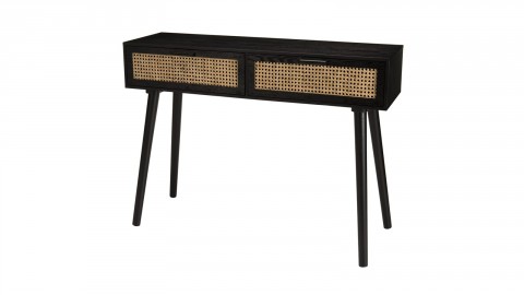 Console 2 tiroirs en bois noir et rotin - Angela
