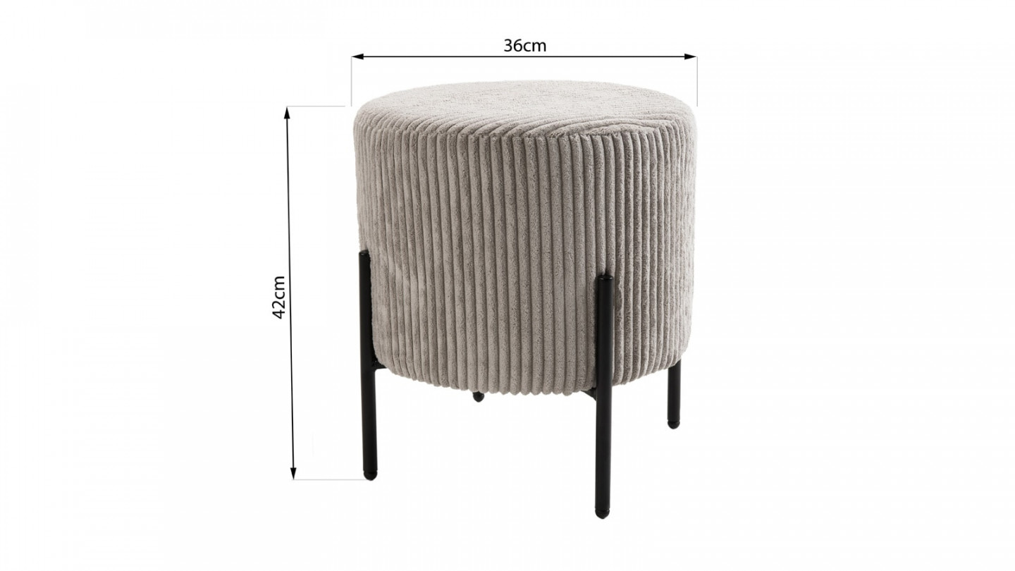 Tabouret rond en velours côtelé gris perle piètement métal - Collection Agathe