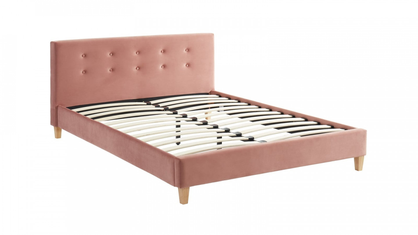 Lit adulte avec tête de lit capitonnée en velours rose blush - sommier à lattes 140x190cm - Collection Milo
