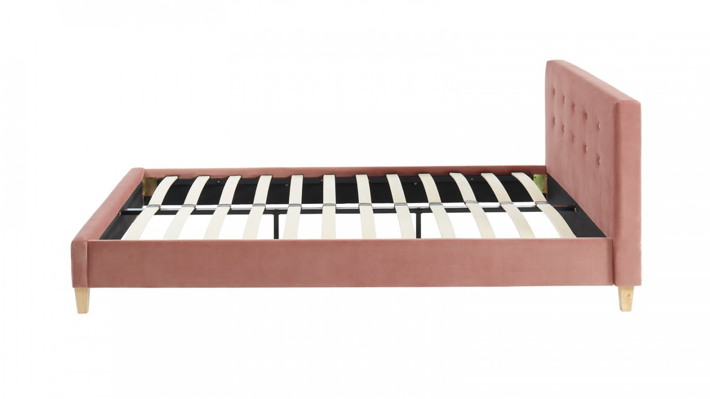Lit adulte avec tête de lit capitonnée en velours rose blush - sommier à lattes 140x190cm - Collection Milo
