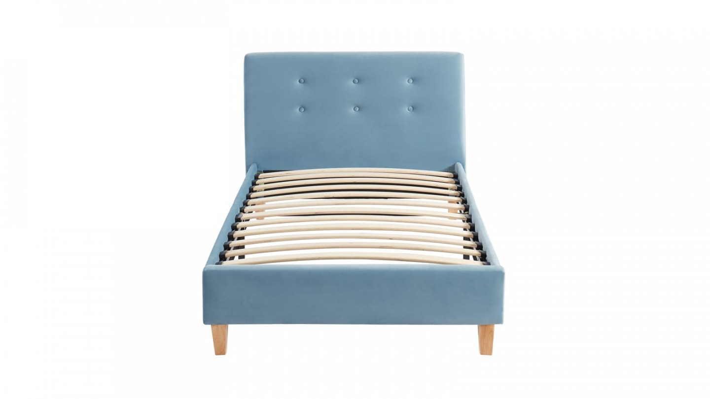 Lit simple avec tête de lit capitonnée en velours bleu vintage - sommier à lattes 90x190cm - Collection Milo