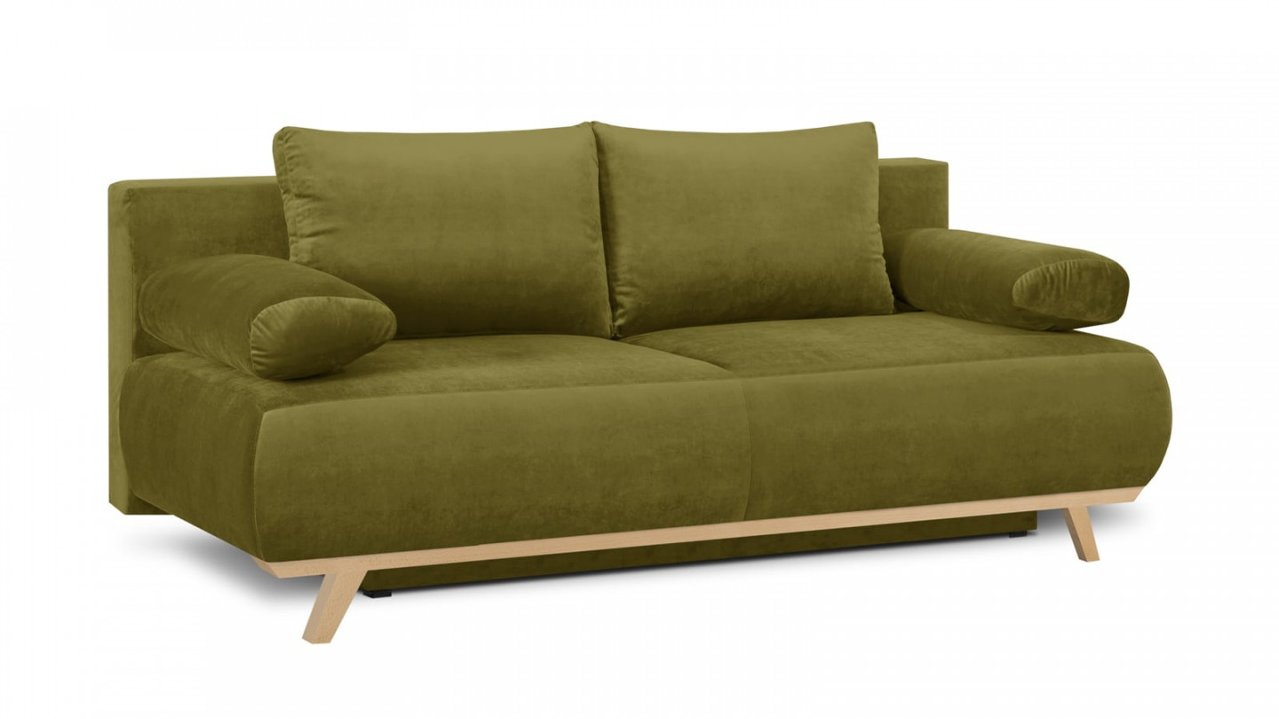 Canapé convertible 3 places avec coffre de rangement en velours vert olive - Collection Laria