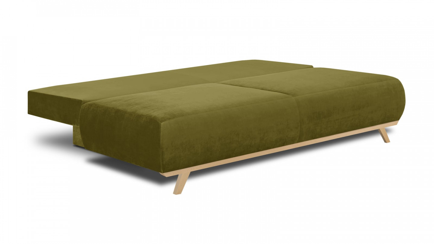 Canapé convertible 3 places avec coffre de rangement en velours vert olive - Collection Laria