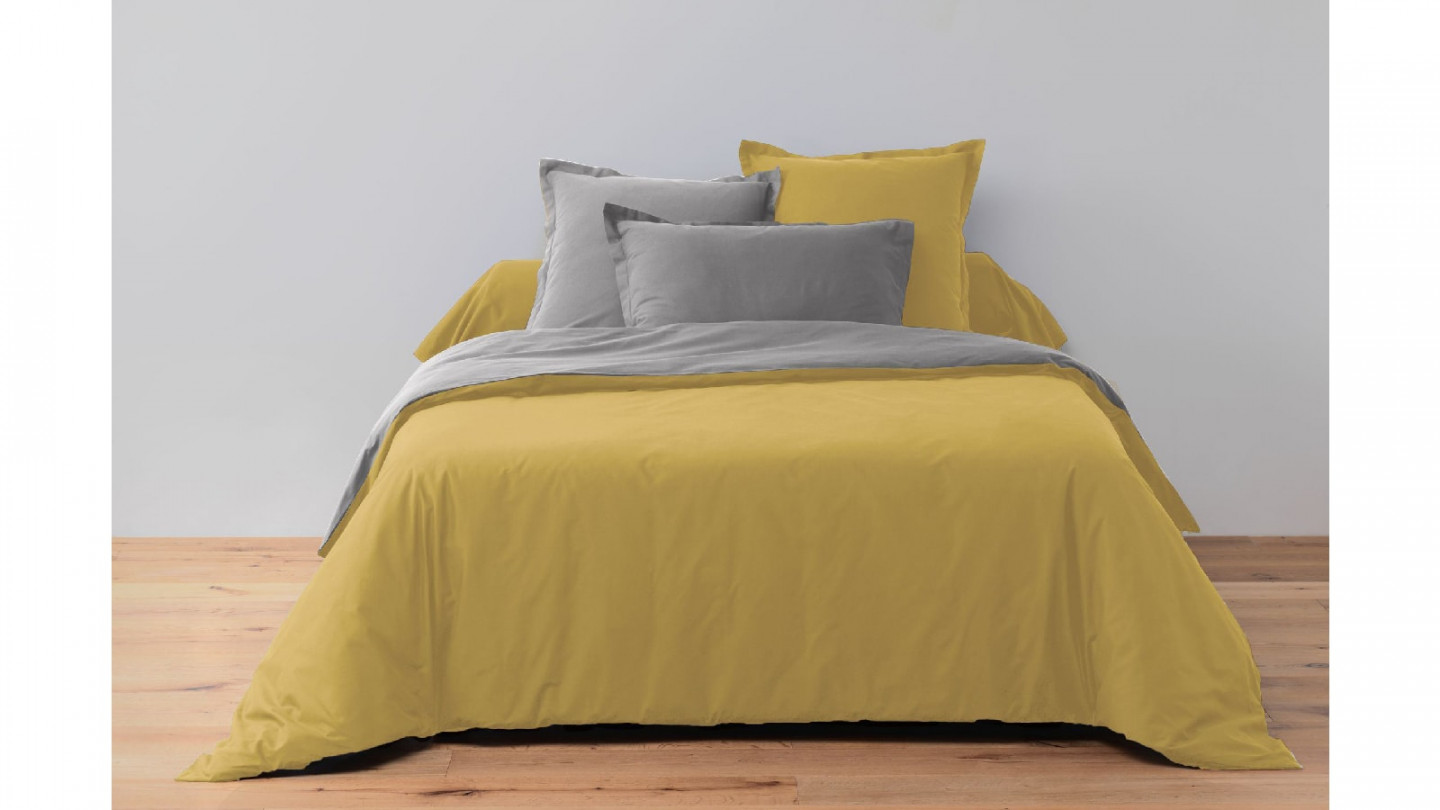 PARURE DE COUETTE BICOLORE 3PCS 260X240CM 100%COTON 57FILS/CM2-GRIS FONCE/SAFRAN
