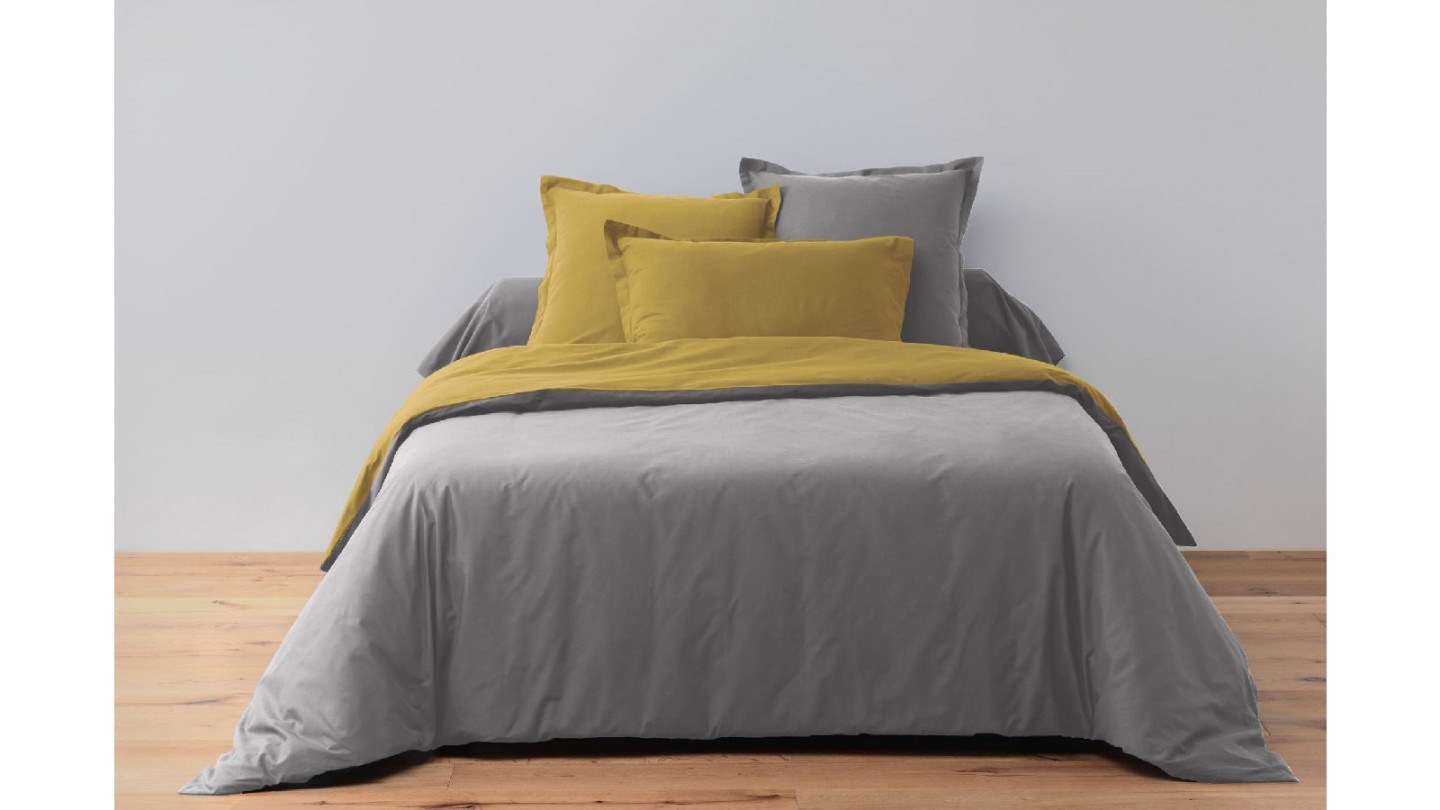 PARURE DE COUETTE BICOLORE 3PCS 260X240CM 100%COTON 57FILS/CM2-GRIS FONCE/SAFRAN