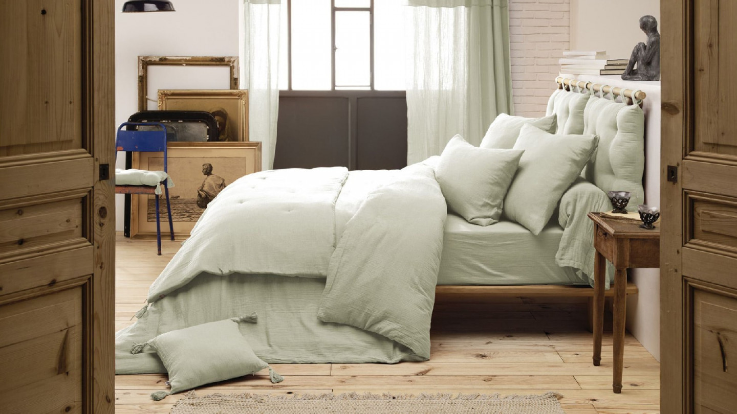 LOT DE 2 TAIES D'OREILLER 60X60CM 100% GAZE DE COTON VERT D'EAU