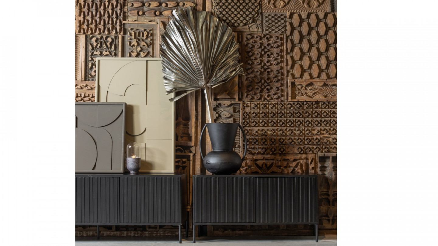 Meuble TV en pin noir 150 cm - Gravure - Woood
