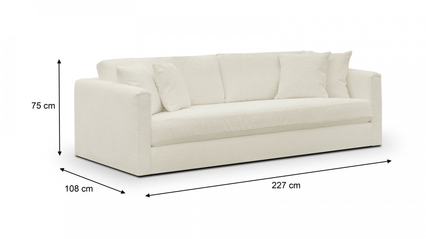 Canapé 3 places avec 4 coussins déco en tissu bouclette beige clair - Collection Denver