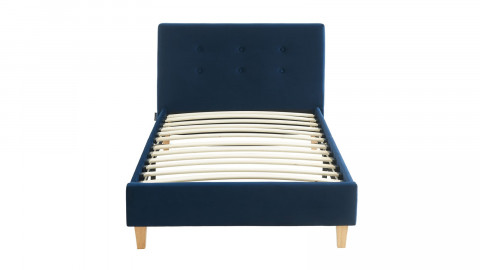 Lit adulte 90x190 avec tête de lit capitonnée en velours bleu foncé - sommier à lattes - Milo