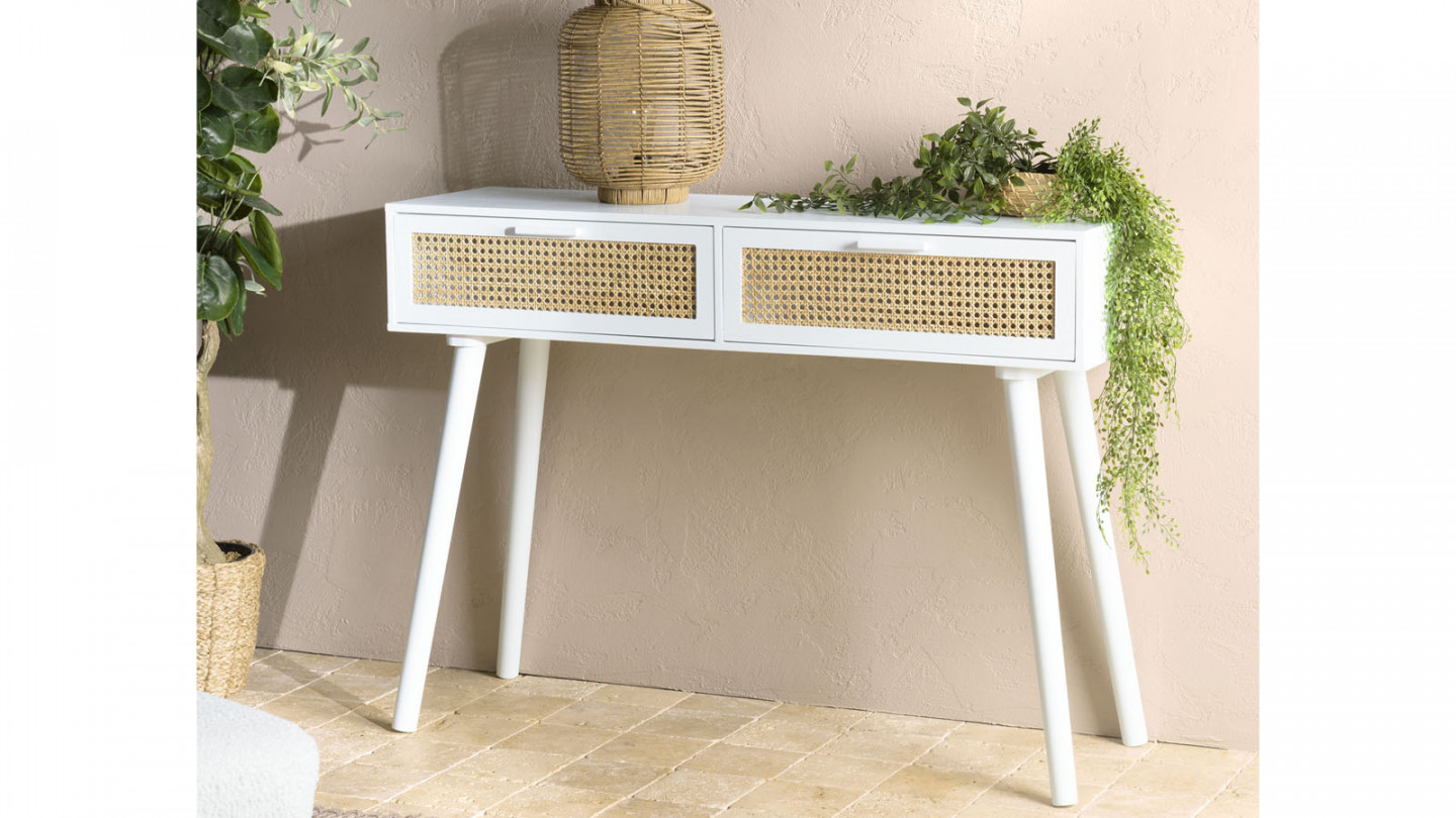 Console blanche 2 tiroirs cannage naturel - Sandro
