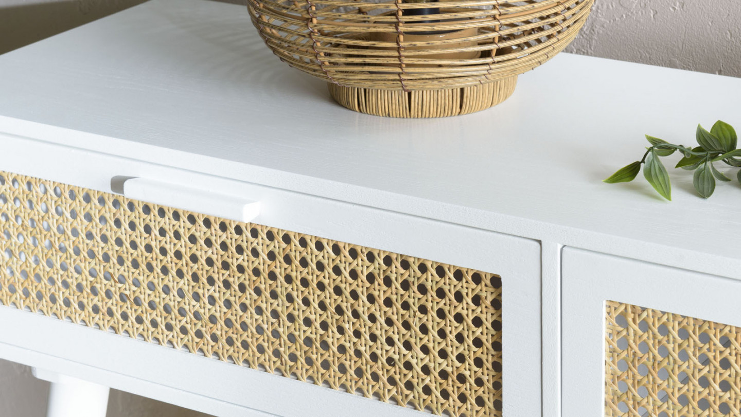 Console blanche 2 tiroirs cannage naturel - Sandro