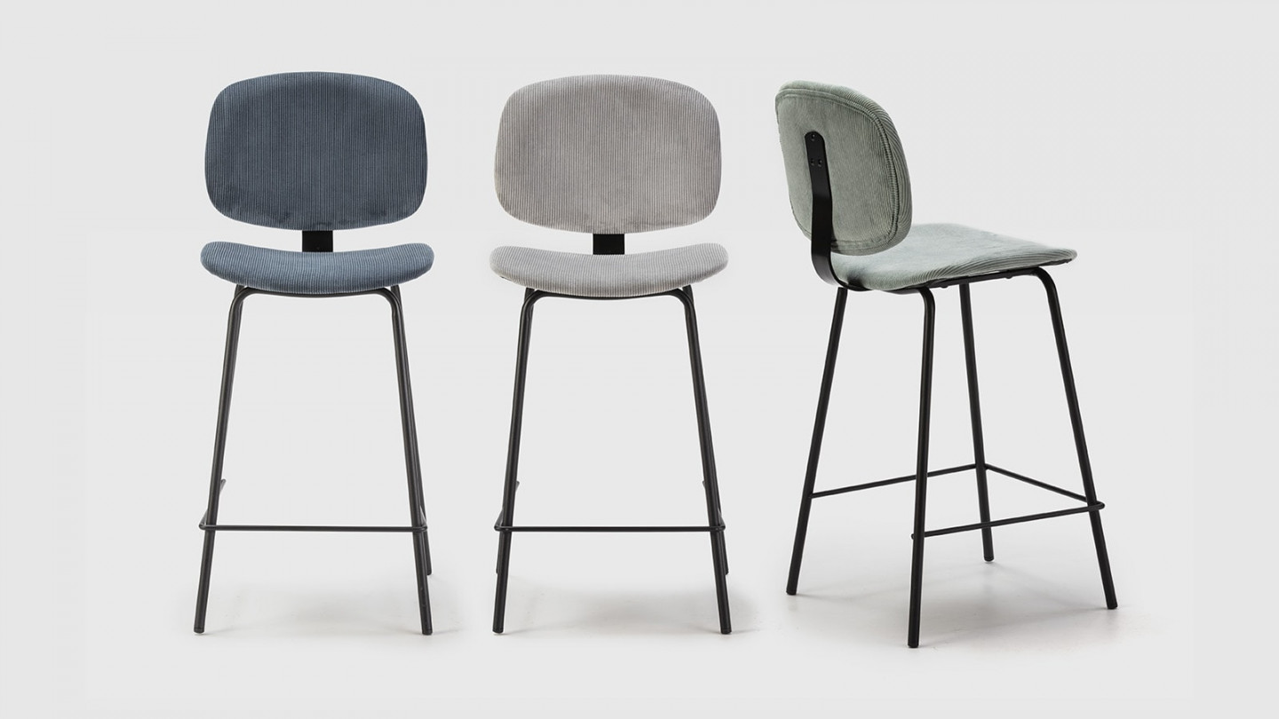 Lot de 2 tabourets de bar en velours côtelé gris piètement noir 65 cm - Liv