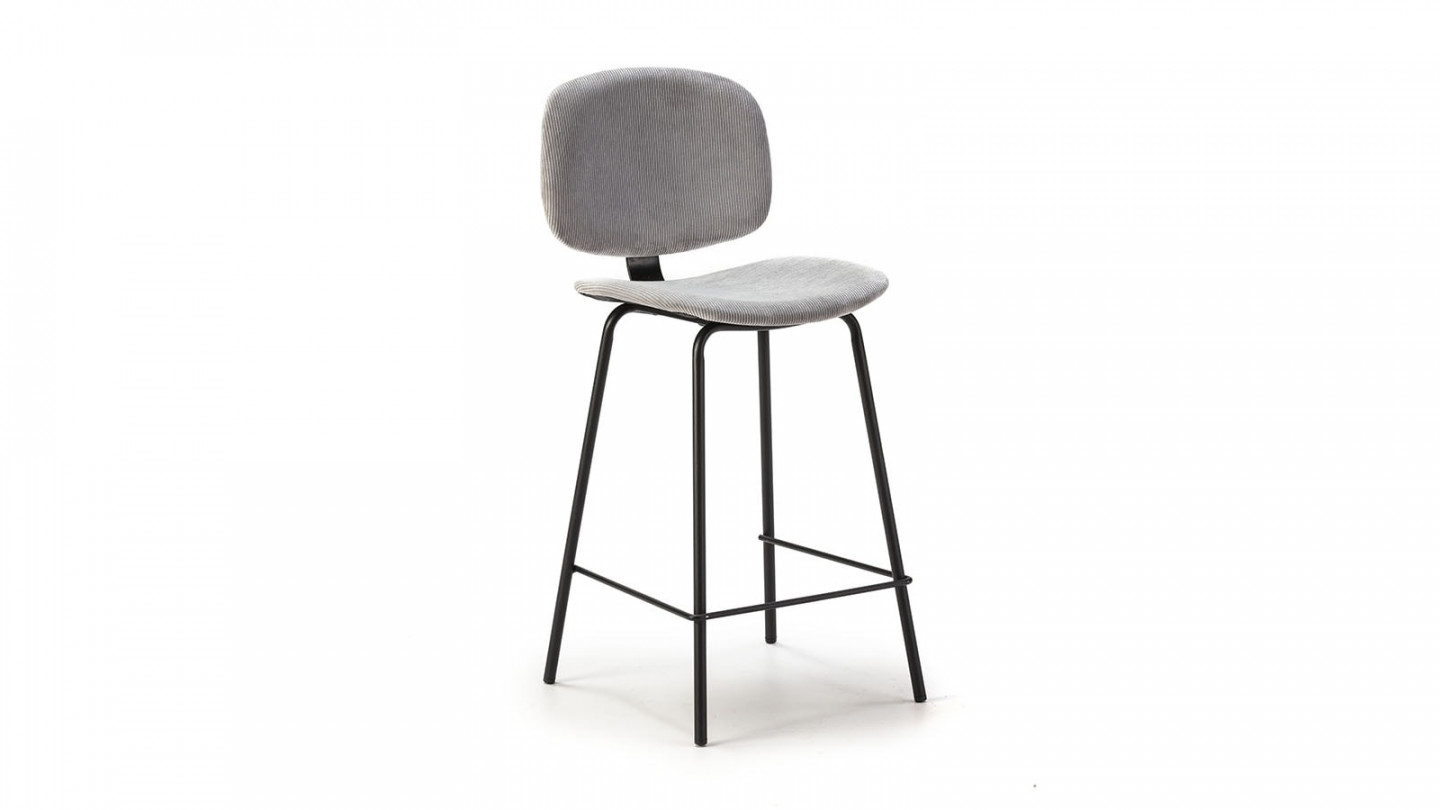 Lot de 2 tabourets de bar en velours côtelé gris piètement noir 65 cm - Liv
