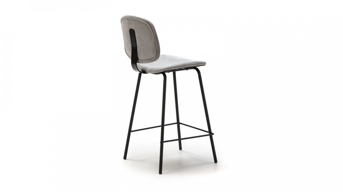 Lot de 2 tabourets de bar en velours côtelé gris piètement noir 65 cm - Liv