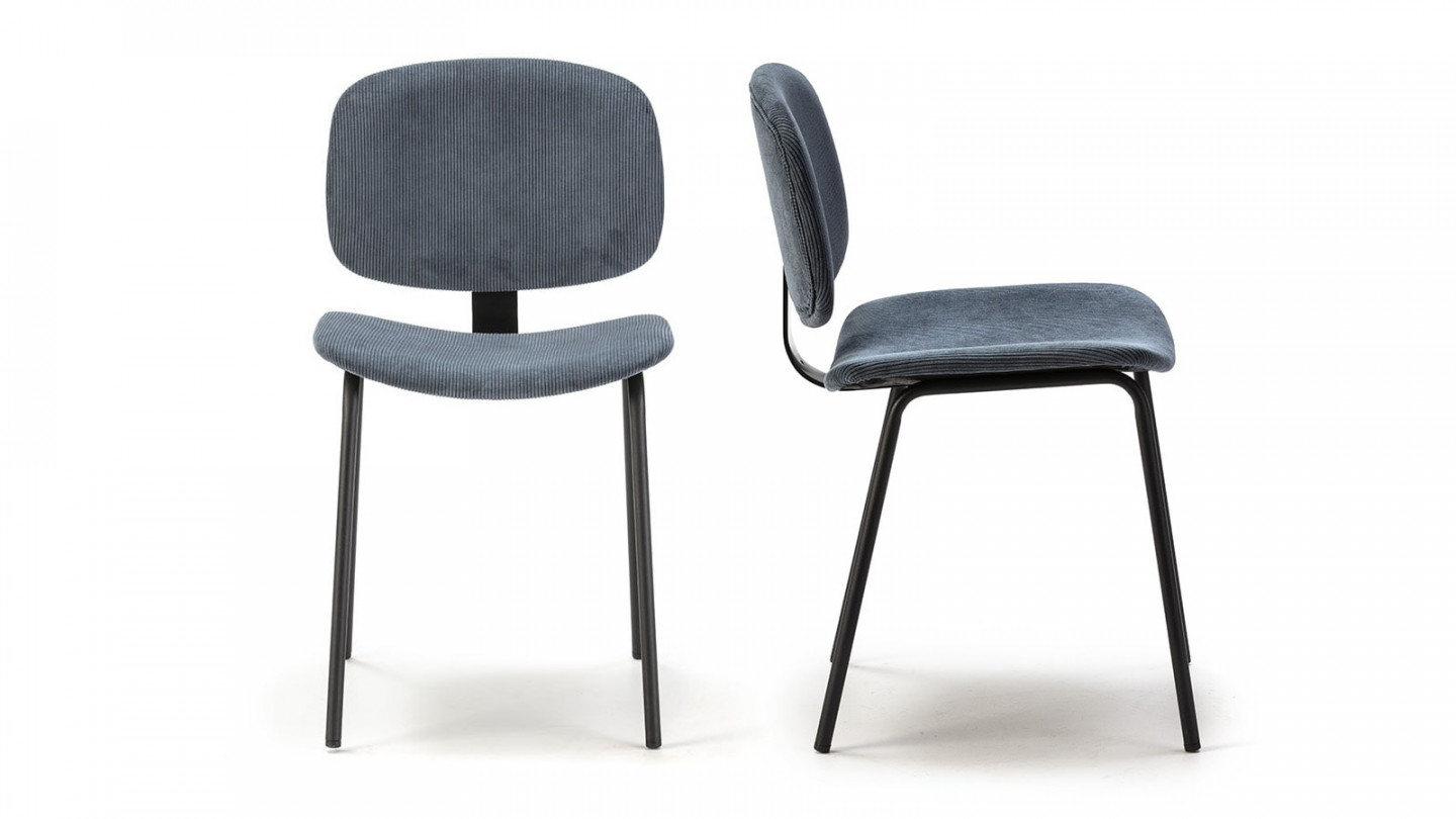 Lot de 2 chaises en velours côtelé bleu piètement noir - Liv