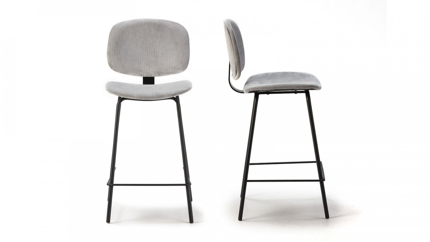 Lot de 2 tabourets de bar en velours côtelé gris piètement noir 65 cm - Liv