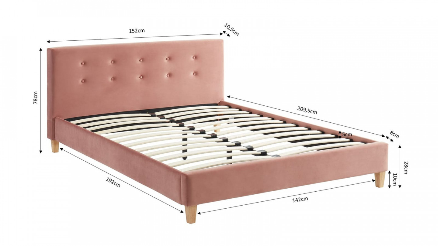 Lit adulte avec tête de lit capitonnée en velours rose blush - sommier à lattes 140x190cm - Collection Milo